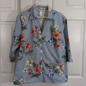 ALFRED DUNNER Women's 2X Floral Stripe Blouse Top 3/4 Sleeves